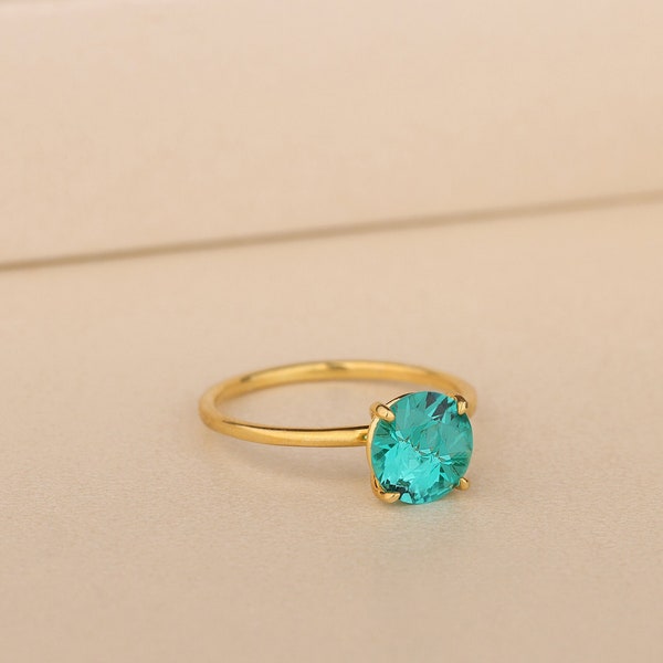 Paraiba Tourmaline Ring For Women in 14K Solid Gold, Delicate Gemstone Ring For Wife, Minimalist Ring, Round Promise Ring, Birthday Gift