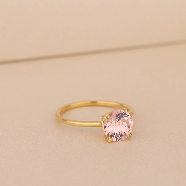 Round Pink Morganite Ring in 10K 14K Gold, Everyday Stone Ring For Her, Silver Gemstone Ring, Solitaire Wedding Ring, Gift For Girlfriend