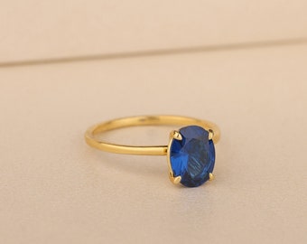Gold Oval Blue Sapphire Stone Ring, Gemstone Ring For Wife, 925 Silver Unique Wedding Ring, Dainty Jewelry For Girls, Anniversary Gift Wife