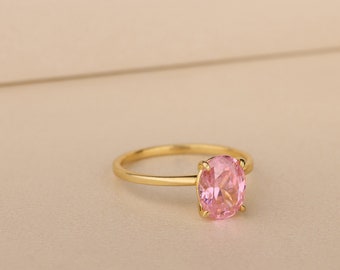 Pink Tourmaline Solitaire Womens Ring in 14K Gold, Dainty Oval Stone Ring, Trendy Jewelry For Women, October Birthstone Ring, Gift to Wife