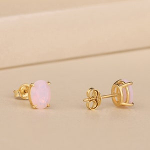 Oval Pink Opal Earrings For Her in Solid Gold or 925 Silver, Delicate Healing Stone Stud Earrings, Opal Gemstone Earrings, Mom Gift