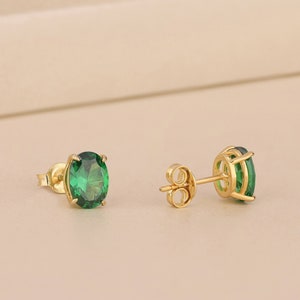 Oval Emerald Earrings For Her in Solid Gold, Silver Dainty Green Stone Earrings, Unique Gemstone Stud Earrings to Girlfriend, Gift For Wife