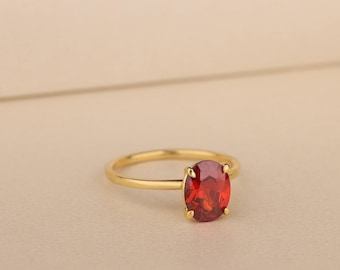 Garnet Solitaire Women Ring in Sterling Silver, Oval Red Stone Ring For Girlfriend, Trendy Gemstone Ring, Mothers Ring, Gold Engagement Ring