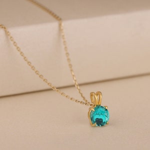 Round Cut Paraiba Tourmaline 14K Gold Necklace, Silver Modern Blue Gemstone Necklace, Healing Stone Necklace, Crystal Pendant, Mom Gift