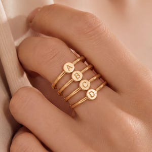 Round Engraved Custom Initial Ring For Women, 925 Sterling Silver - 14K Gold Plated | Personalized Letter Signet Ring | Slim Delicate Band