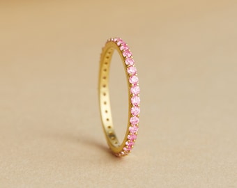 Pink Tourmaline Full Eternity Band, Elegant Birthstone Ring to Women, Women Silver Jewelry, 10K Gold Mothers Band Ring, Birthday Gift Wife