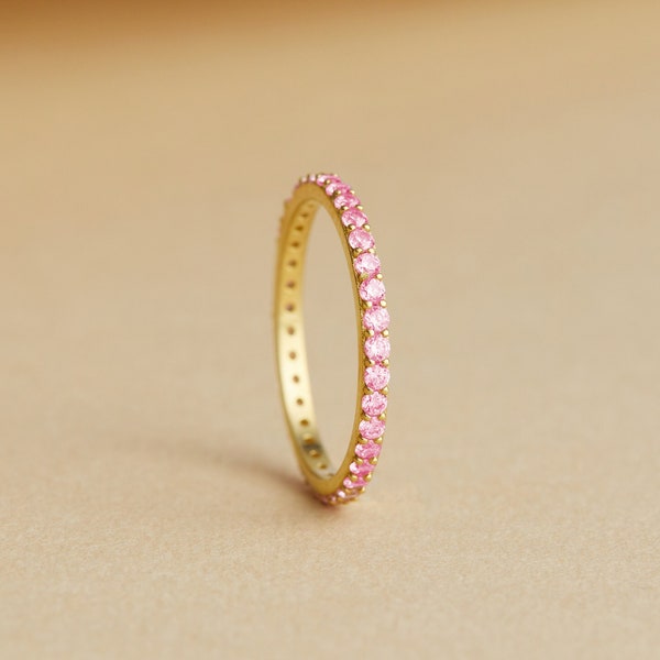 Pink Tourmaline Full Eternity Band, Elegant Birthstone Ring to Women, Women Silver Jewelry, 10K Gold Mothers Band Ring, Birthday Gift Wife