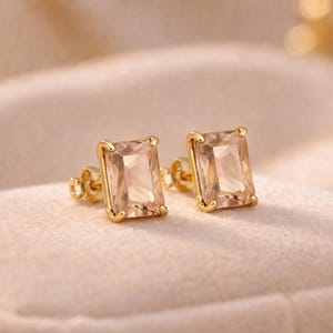 Unique Champagne Earrings, Silver Gold Gemstone Studs, Rectangular Studs, Engagement Gift, Gold Studs for Mom Sister, Women Trendy Earring