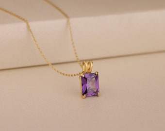 Elegant Amethyst Pendant, 14k 18k Solid Gold Silver Necklace, February Birthstone Necklace, Valentine Day Gift, Modern Stone Necklace, Mom