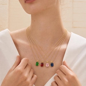 Minimalist Baguette Gemstone Necklace, Sterling Silver Rose Gold Plated, Sentimental Gift for Mom