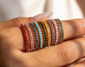 Birthstone Eternity Ring Sterling Silver, Personalized Stacking Band, 14K Gold Plated Gift for Her