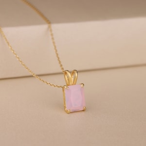 Baguette Pink Opal Necklace, 14K Gold Dainty Jewelry, Necklace for Women in Silver, October Birthstone Gift, Anniversary Gift For Girlfriend