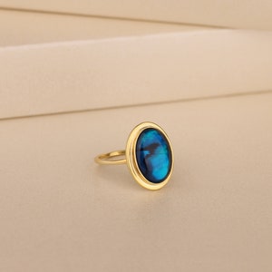 Genuine Abalone Gemstone Ring For Women, Solid Gold Oval Stone Ring, Minimalist Statement Ring in Sterling Silver, Engagement Ring, Mom Gift