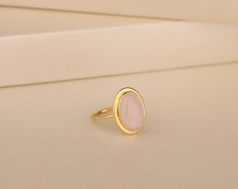Oval Rose Quartz Ring For Women in 10K Solid Gold, Gold Plated Gemstone Ring, Unique Pink Stone Ring, Anniversary Ring, Wedding Gift For Her