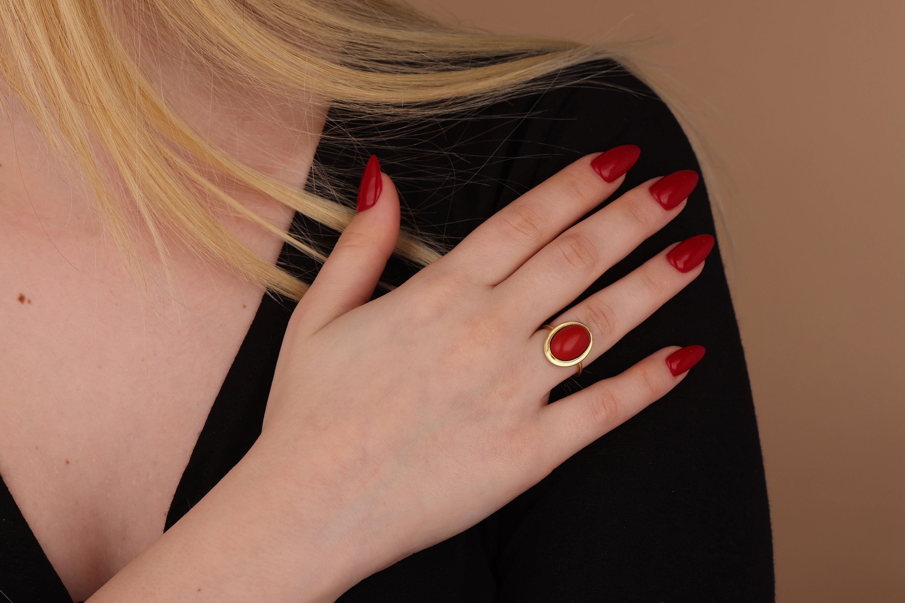 Red Coral Stone Ring to Her in 14K Solid Gold, Oval Gemstone