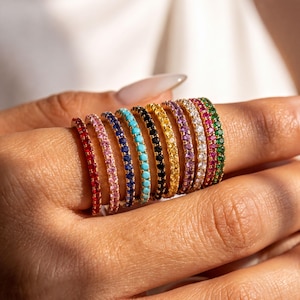 Birthstone Eternity Ring Sterling Silver, Personalized Stacking Band, 14K Gold Plated Gift for Her