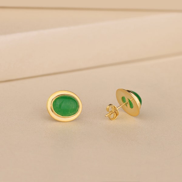 Orecchini di giada verde per donne in oro massiccio 14K, orecchini di pietra ovali unici, orecchini di pietre preziose in argento, orecchini a bottone, regalo per fidanzata