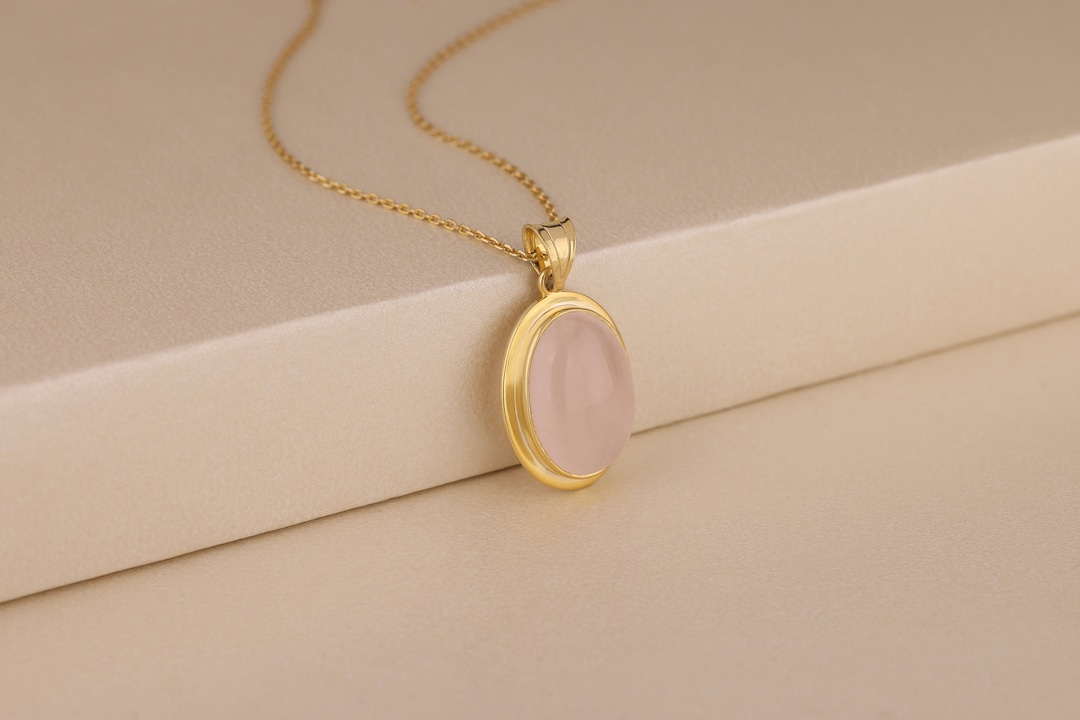 Two Leather Necklace with Oval Rose Quartz Pendant in Black main image 1