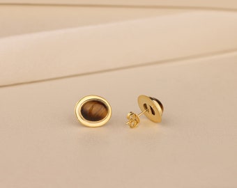 Oval Tigers Eye Earring For Women, 14K Solid Gold Brown Stone Earring, Sterling Silver Stud Earrings, Gemstone Earrings, Birthday Gift Wife