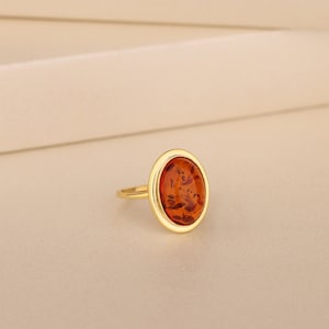Baltic Amber Gemstone Ring For Women, Gold Statement Ring, Dainty Oval Stone Ring, Promise Rings, Silver Gold Vermeil Ring, Gift For Wife