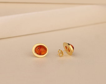 Baltic Amber Stone Earrings For Women in Solid Gold, Elegant Oval Gemstone Stud Earrings, Unique Earring For Wife, Trendy Jewelry, Gift Mom