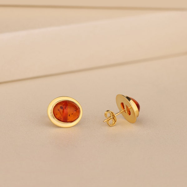 Baltic Amber Stone Earrings For Women in Solid Gold, Elegant Oval Gemstone Stud Earrings, Unique Earring For Wife, Trendy Jewelry, Gift Mom