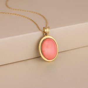 Pink Coral Stone Necklace, Genuine Gemstone Necklace in Gold or Silver, Oval Shape Necklace, Gift for Her, Unique Stone Pendant Necklace