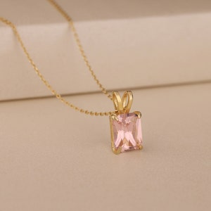 Baguette Pink Morganite Womens Necklace, 10K 14K Gold Gemstone Necklace, Minimalist Jewelry For Mom, 925 Silver Necklace, Anniversary Gift