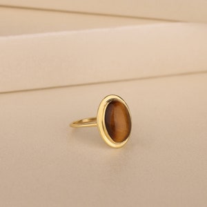 Natural Tiger Eye Ring For Women in 10K Gold, Unique Oval Gemstone Ring, Silver Gold Vermeil Tigers Eye Ring, Statement Ring, Sister Gift