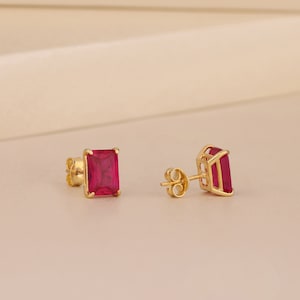 Simple Ruby Stud Earrings, Vintage Gemstone Silver Gold Studs, Modern Wedding Studs, Anniversary Gift, Bridal Ruby Baguette Studs