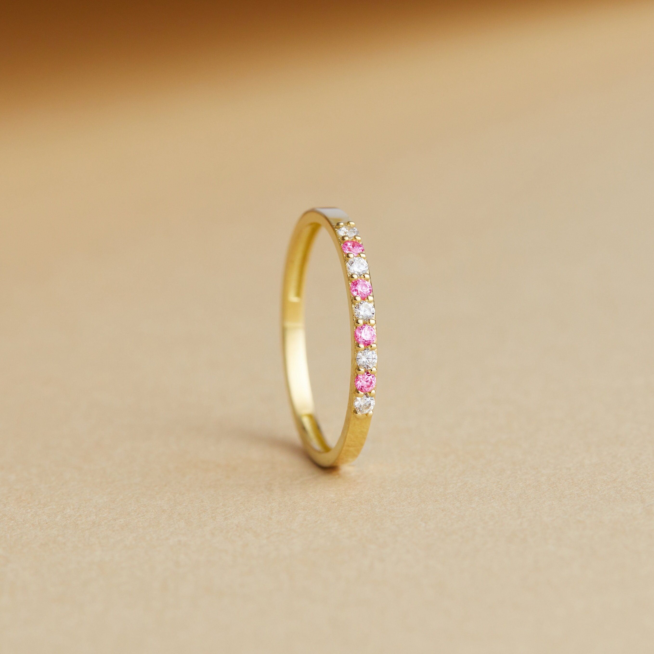 14K Gold Pink Tourmaline and White Stone Band Ring, Nine Stone Half Eternity Womens Ring, Gold Promise Ring, Birthday Gift, Silver Mom Gift
