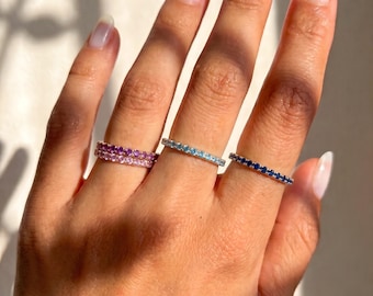 Dainty Stackable Birthstone Band, Eternity Gemstone Ring Sterling Silver, Gold Plated Jewelry for Women