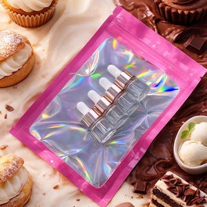 May include: A pink holographic zip bag containing four small glass dropper bottles with gold-coloured collars and white droppers. The image also features various desserts, including cupcakes, pastries, and chocolate.