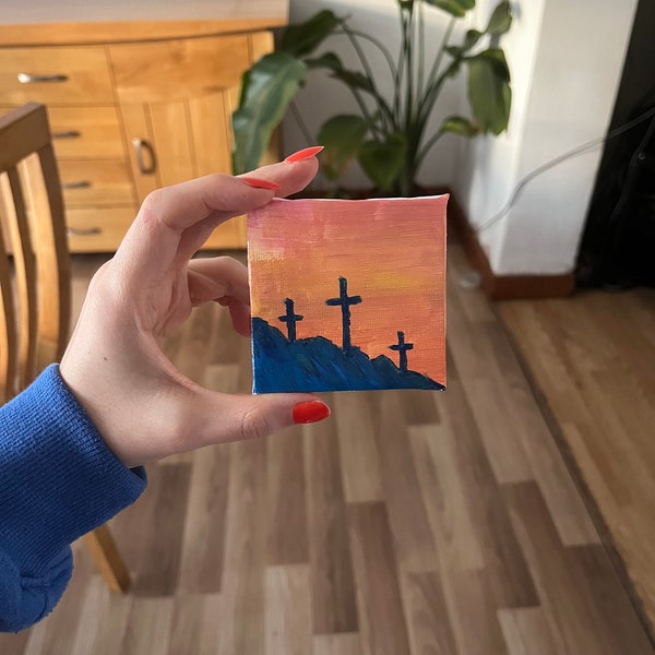 Kreuz Christian Sonnenuntergang mini Leinwand Gemälde | handbemalt | süß