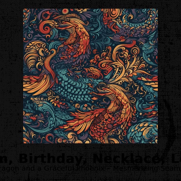 Seamless Dragon and Phoenix Pattern, Digital Wallpaper, Mystical Creature Background