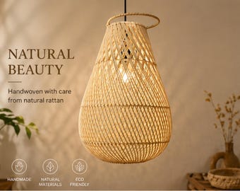 Lámpara colgante de bambú, lámpara colgante de ratán, lámpara de techo de mimbre estilo bohemio, decoración acogedora para el hogar.