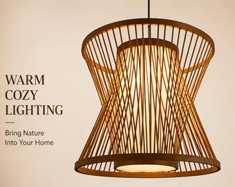 Bamboo Pendant Light, Boho Rattan Hanging Lamp, Wabi Sabi Ceiling Light, Cozy Lighting