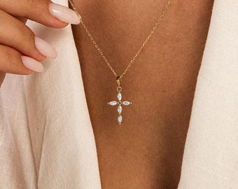 Crystal Stone Cross Necklace, Dainty Faith Necklace, Minimalist Cross Necklace, Baptism Gift, Tiny Cross Necklace, Christmas Gift