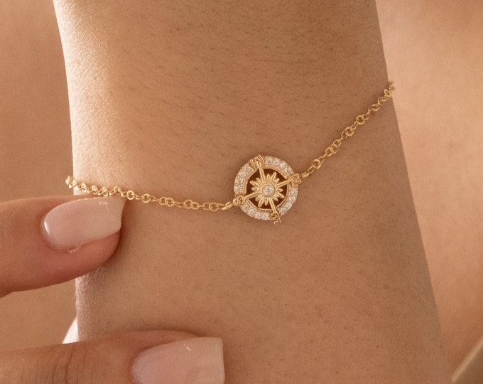 Diamond Compass Bracelet,Travel jewelry, Dainty Compass Bracelet, Graduation Gift, 925 Sterling Silver Compass Bracelet, Mother's Day Gift
