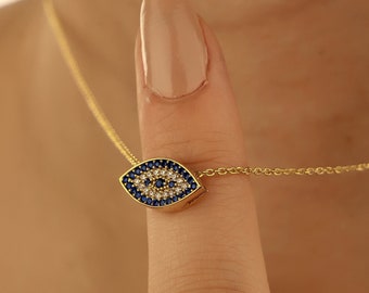 Pave Diamond Evil Eye Necklace, Evil Eye Jewelry, 18K Gold Evil Eye Necklace, Third Eye, Protection Jewelry, Mother's Day Gift