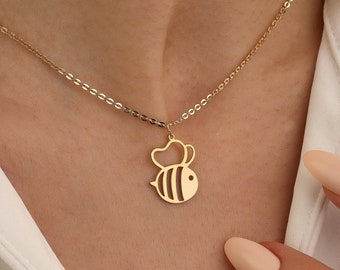 18K Gold Honey Bee Necklace, Honey Bee Pendant, Animal Charm Small Necklace, Bumble Bee Necklace For Women, Minimalist Bee Necklace