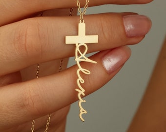 Collier croix nom personnalisé, cadeau de communion, bijoux croix, collier crucifix, cadeau de Noël, cadeau de baptême