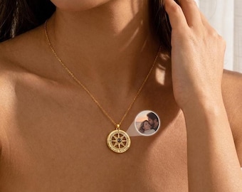 Personalised Compass Photo Projection Necklace, Custom Picture Pendant with Hidden Photo for Mum