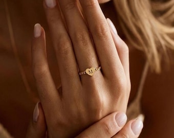Mini Heart Chain Ring, Custom Initial Ring, Minimalist Gold Jewelry, Bridesmaid Gift for Her,