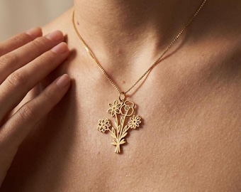 Personalized Birth Flower Bouquet Necklace, Box Chain, Custom Flower Pendant, Family Birth Flower Jewelry, Gift for Mom,  Christmas Gift,
