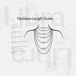May include: A guide to necklace lengths in inches, with a diagram showing the different lengths on a person's neck and chest. The lengths are labeled with the corresponding measurements in inches, from 14 inches to 22 inches.