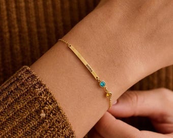 Personalized Kids Names Bracelet for Mom, Custom Name Bracelet with Birthstone, Engraved Bar Bracelet, Minimalist Family Jewelry,