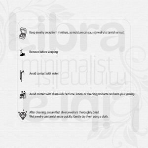 May include: A black and white illustration of jewelry care tips. The tips include keeping jewelry away from moisture, removing it before sleeping, avoiding contact with water and chemicals, and ensuring it is thoroughly dried after cleaning.