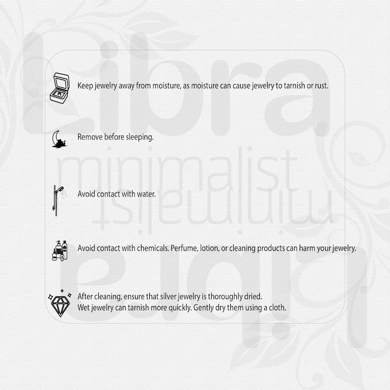 May include: A black and white illustration of jewelry care tips. The tips include keeping jewelry away from moisture, removing it before sleeping, avoiding contact with water and chemicals, and ensuring it is thoroughly dried after cleaning.