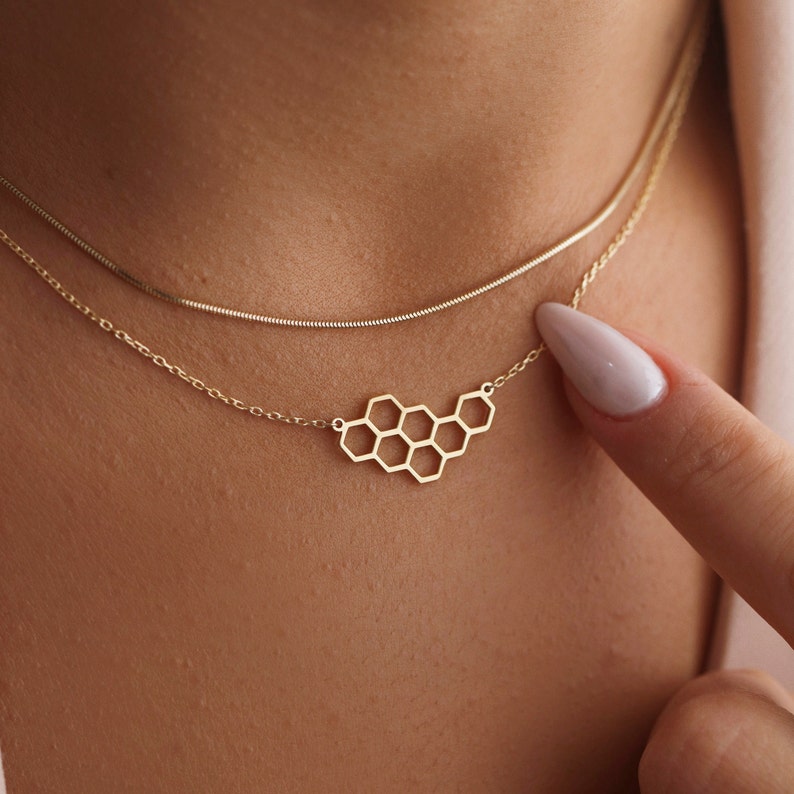 Honeycomb Necklace, Geometry Shape, Layering Necklace, Birthday Necklace, Gift For Her, Christmas Gift, image 4